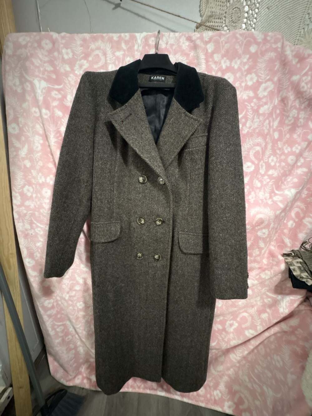 Karen Vintage Women's Herringbone Wool Dbl/Breasted Trench Coat /Velvet Collar